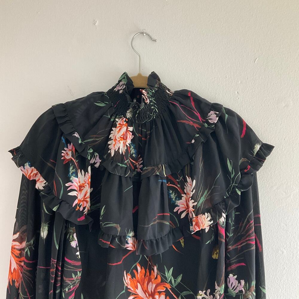 H&M Floral Ruffle Chiffon Blouse Black Sheer  Romantic Boho Top Size S - Picture 6 of 7